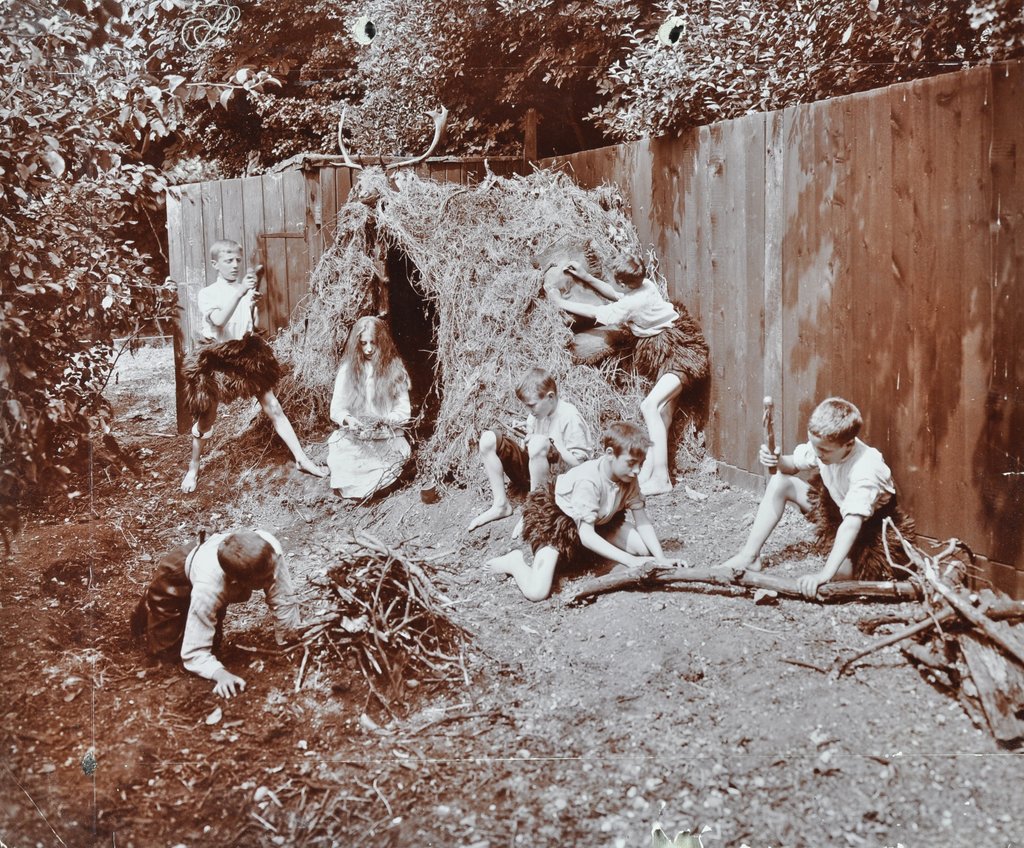 Detail of Children dressed as prehistoric cave dwellers, Birley House Open Air School, London, 1908 by Unknown