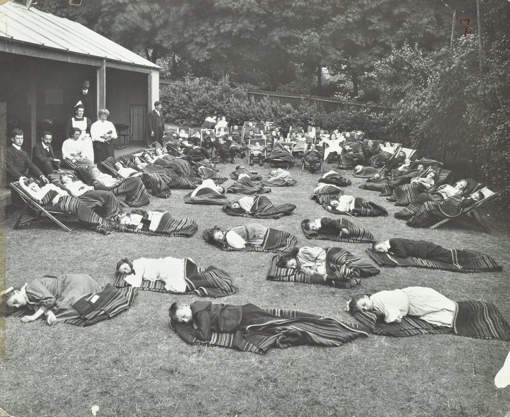 Detail of Children resting in the garden, Birley House Open Air School, Forest Hill, London, 1908 by Unknown