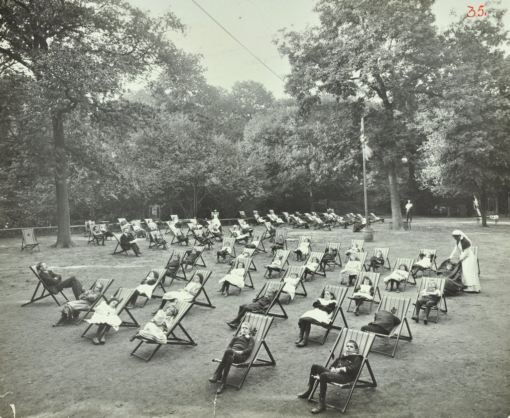 Detail of Children resting in deck chairs, Bostall Woods Open Air School, London, 1907 by Unknown