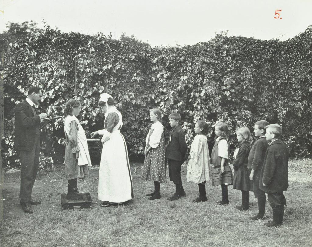 Detail of Children being weighed in the garden, Montpelier House Open Air School, London, 1908 by Unknown