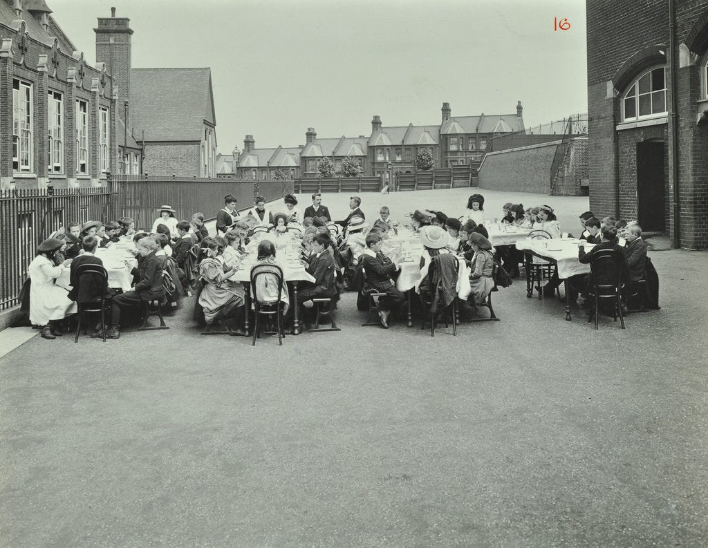 Detail of Children eating dinner at tables in the playground, Shrewsbury House Open Air School, London, 1908 by Unknown