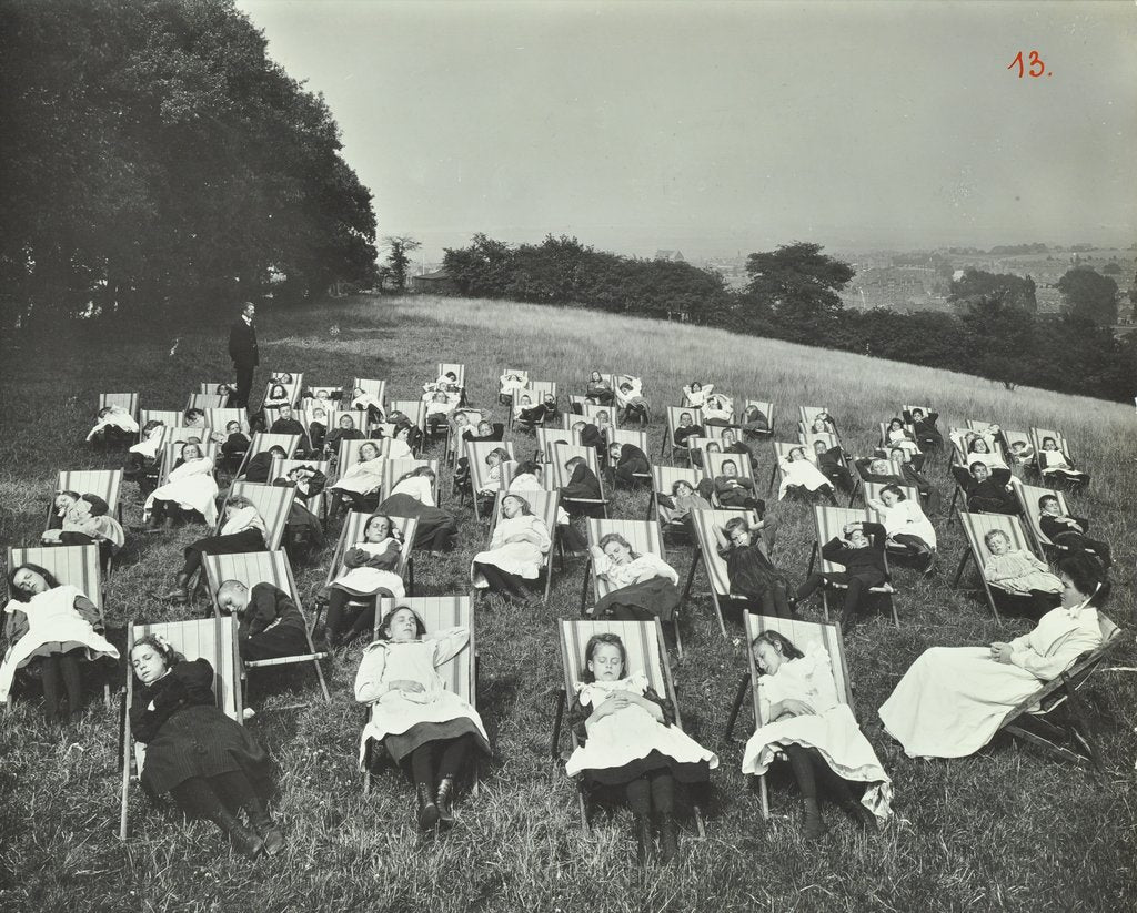 Detail of Children resting in deck chairs, Shrewsbury House Open Air School, London, 1908 by Unknown