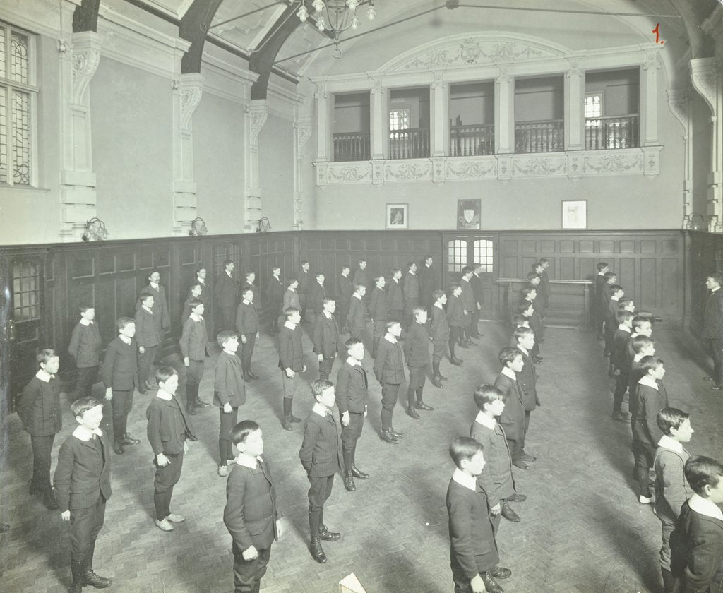 Detail of Boys lined up in the assembly hall, Beaufoy Institute, London, 1911 by Unknown