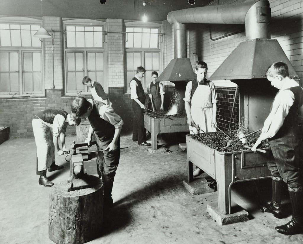 Detail of Boys using forges in a blacksmith's shop, Beaufoy Institute, London, 1911 by Unknown