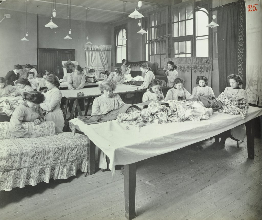 Detail of An Upholstery class for female students at Borough Polytechnic, Southwark, London, 1911 by Unknown