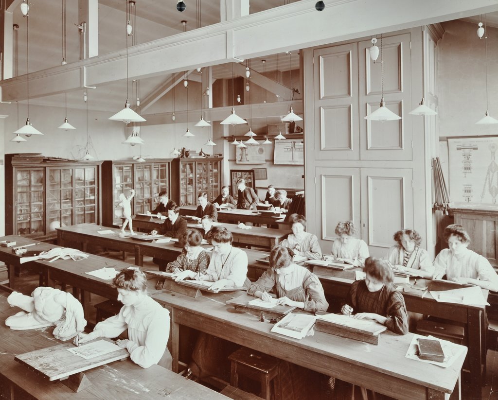 Detail of Book illustration class, Camberwell School of Arts and Crafts, Southwark, London, 1907 by Unknown