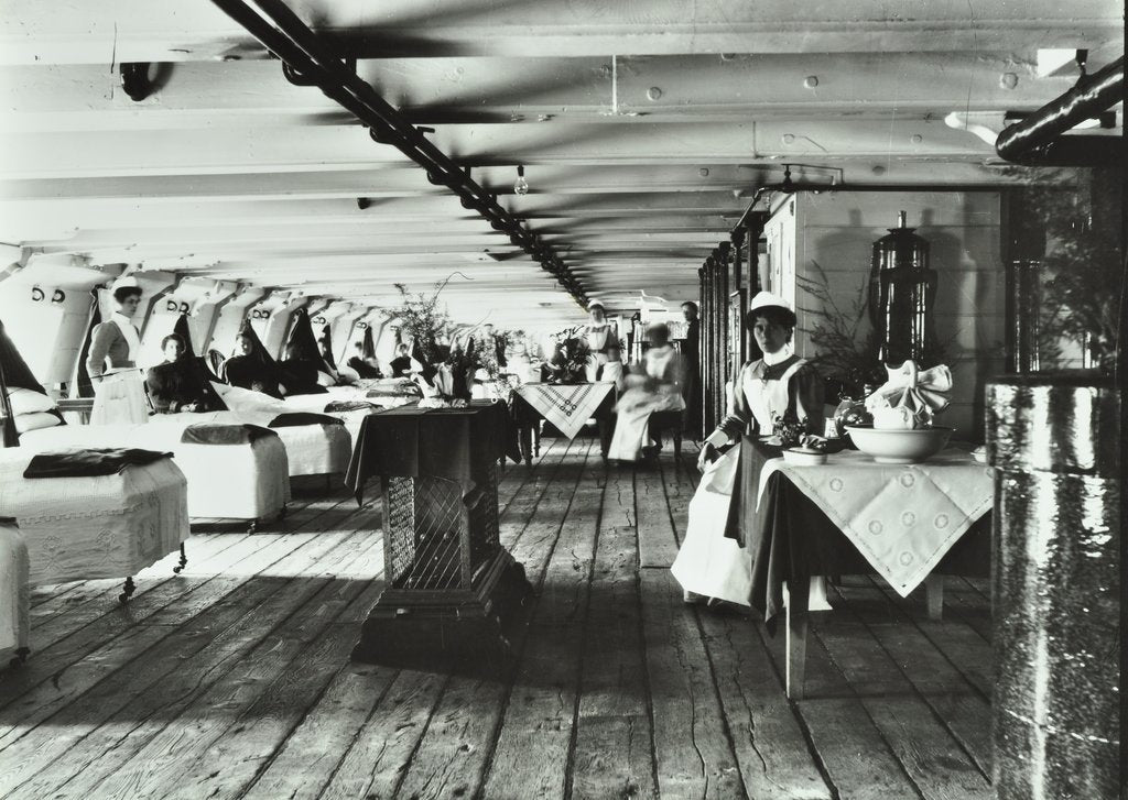 Detail of A copy of a photograph of the ward deck of the Atlas Smallpox Hospital Ship, c1890-c1899 by Unknown