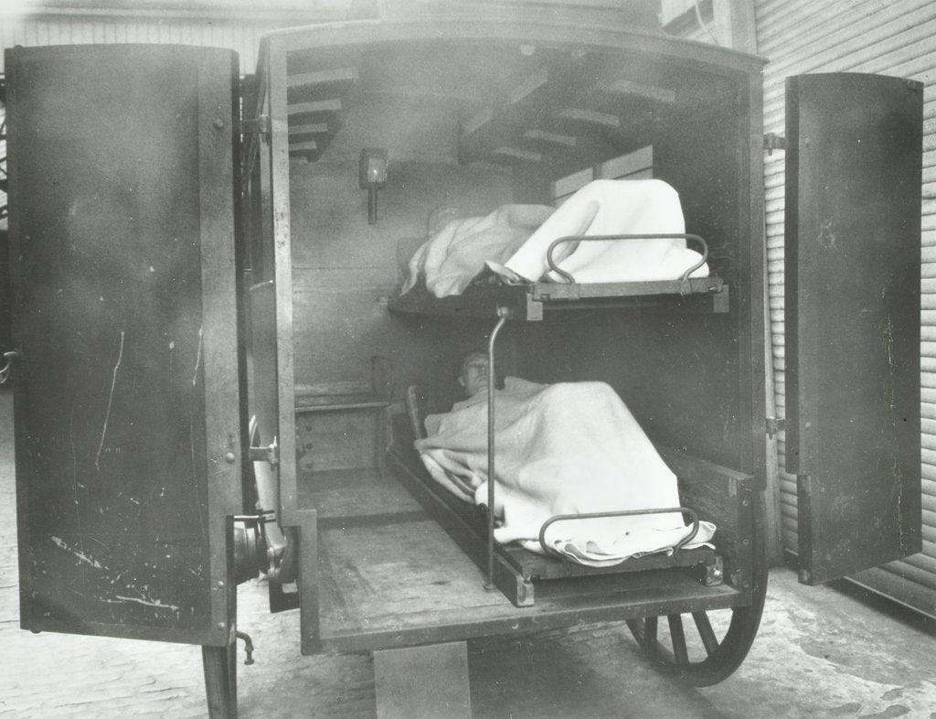 Detail of Interior of a horse drawn Metropolitan Asylums Board ambulance, London, 1939 by Unknown