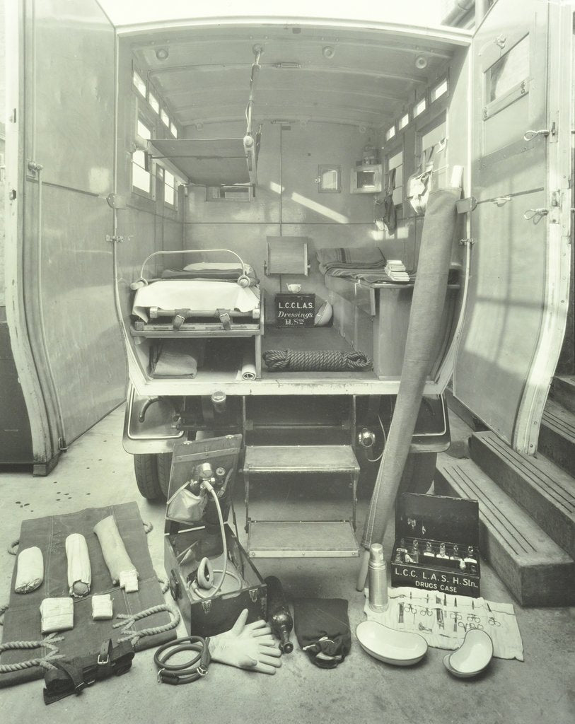 Detail of London County Council ambulance interior and equipment, 1925 by Unknown