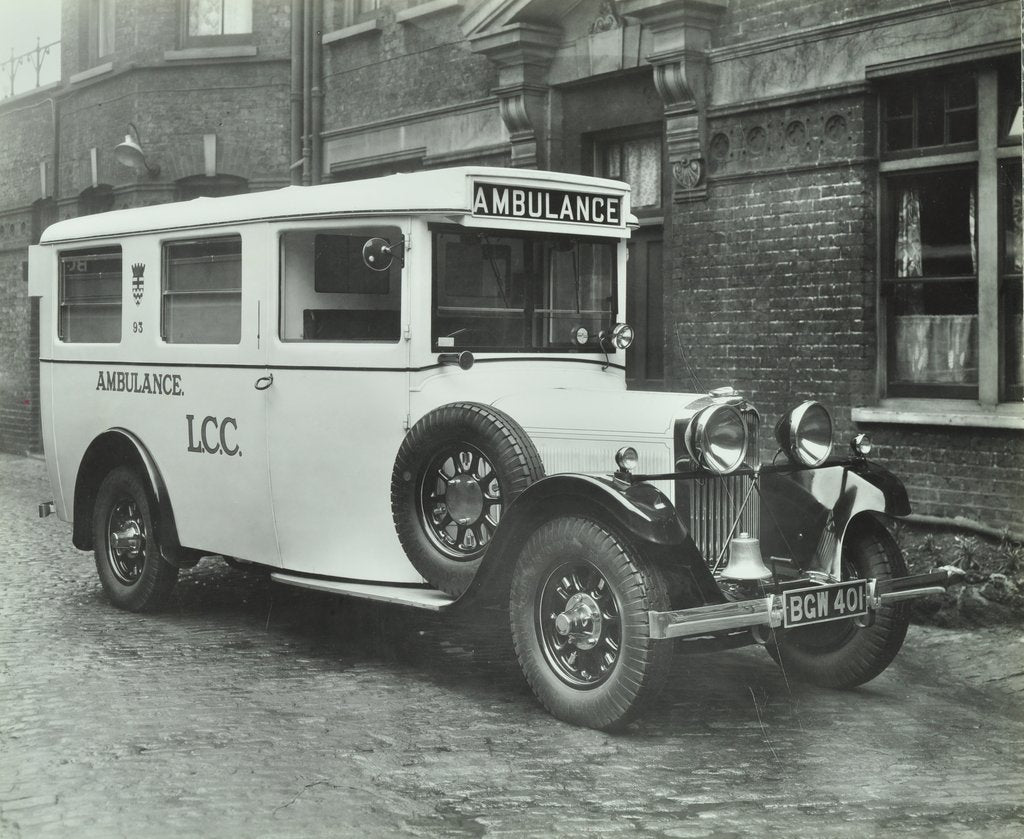 Detail of London County Council ambulance, Deptford, 1935 by Unknown