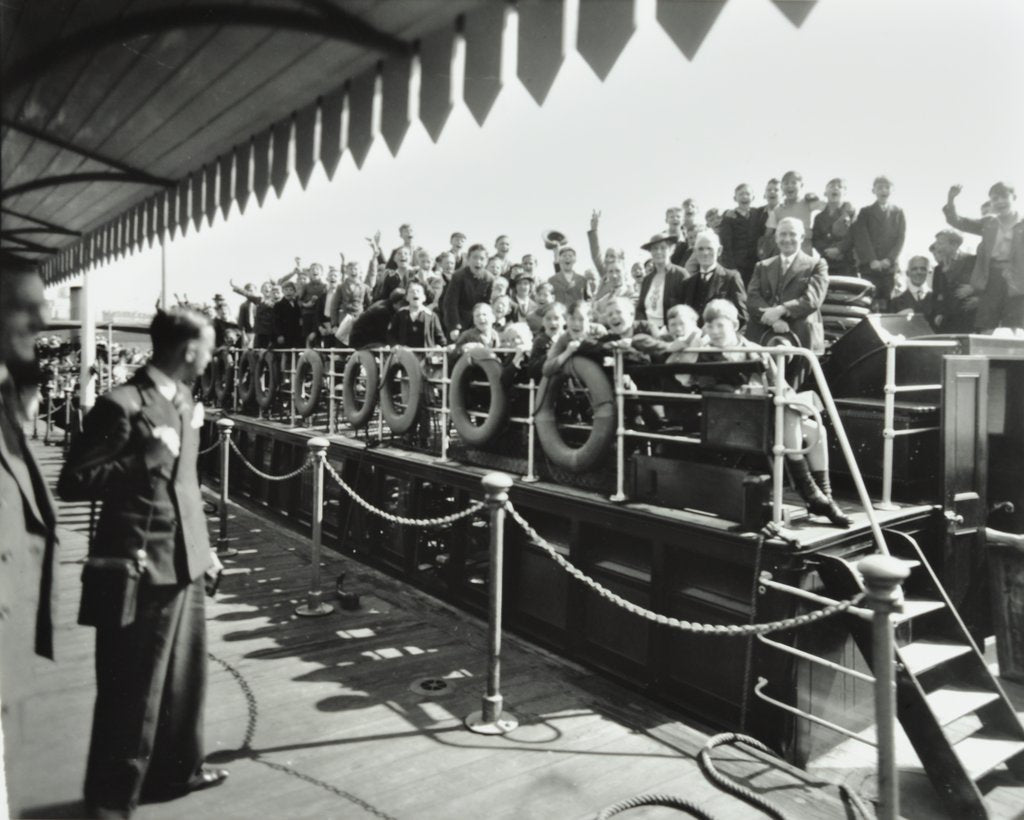 Detail of Children aboard a steamer moored at Westminster Pier, London, 1937 by Unknown