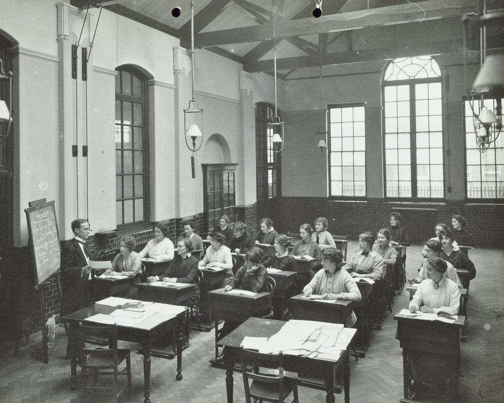 Detail of A lesson at the Fulham Girl Clerks' Training School, Fulham, London, 1915 by Unknown