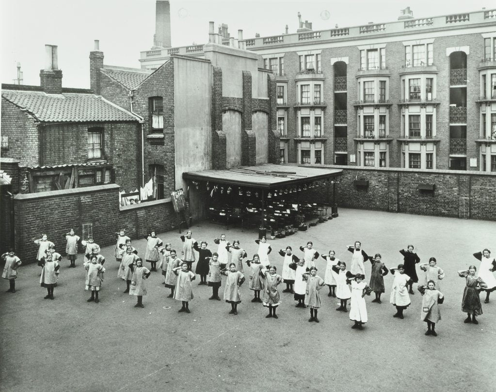 Detail of Open air exercise class, Ben Jonson School, Stepney, London, 1911 by Unknown