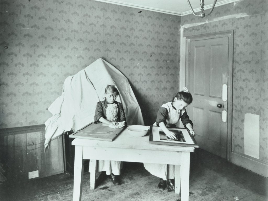 Detail of Spring cleaning; housewifery lesson, Denmark Hill School, Dulwich, London, 1908 by Unknown