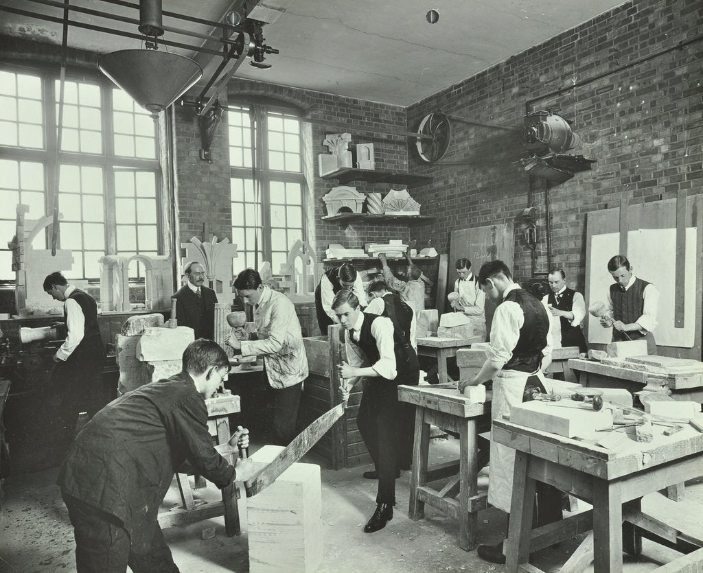 Detail of Male students at work in the Mason's Shop, Northern Polytechnic, London, 1911 by Unknown