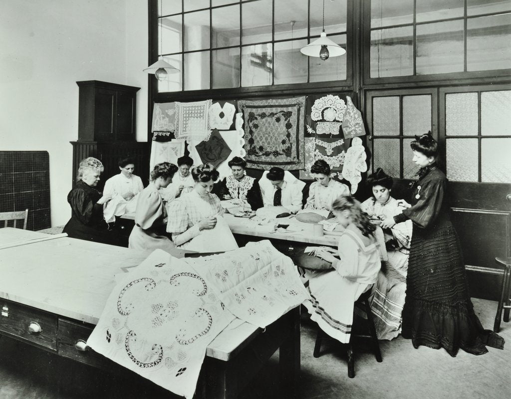 Detail of Bobbin lace and embroidery class, Northern Polytechnic, London, 1907 by Unknown