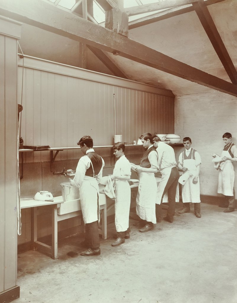 Detail of Scullery practice, Sailors' Home School of Nautical Cookery, London, 1907 by Unknown