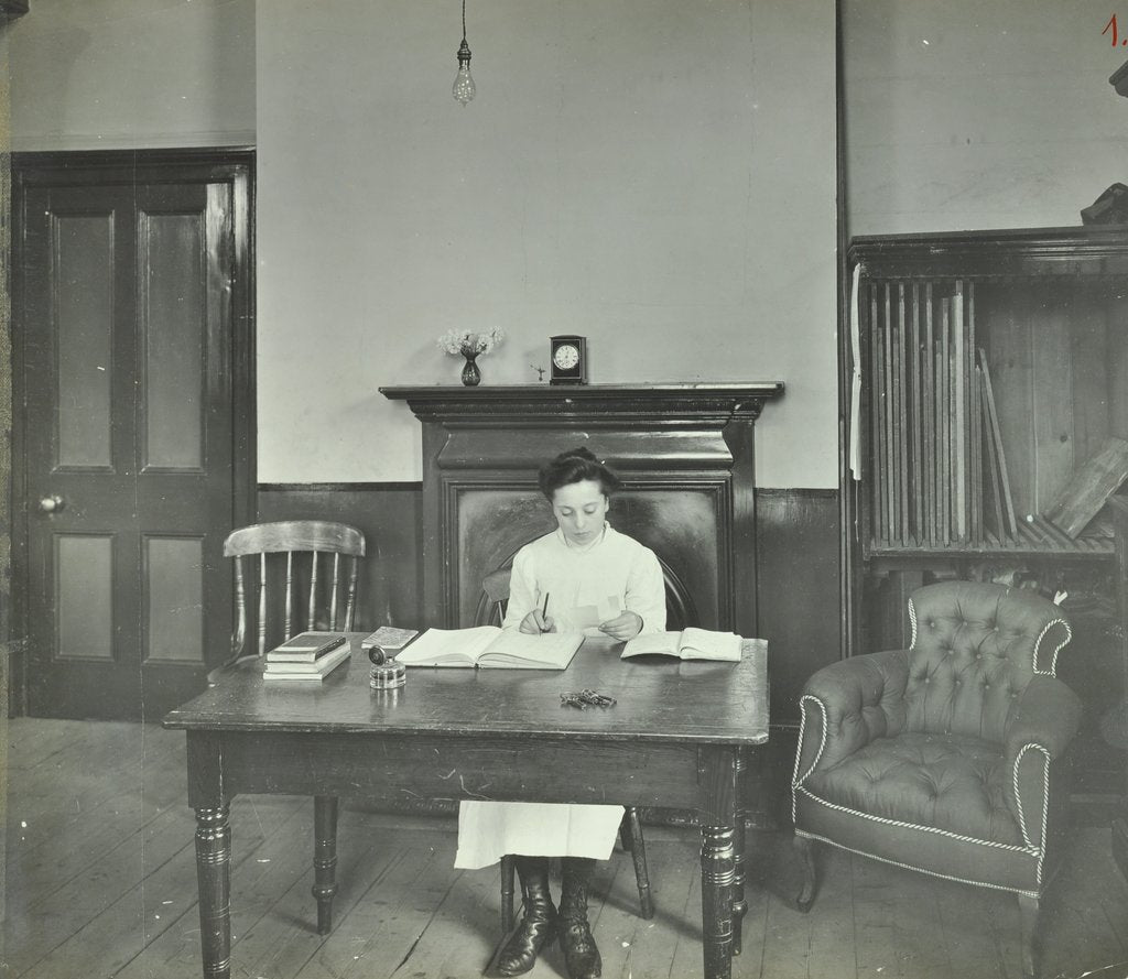 Detail of Female student sitting at desk, Shoreditch Technical Institute, London, 1907 by Unknown