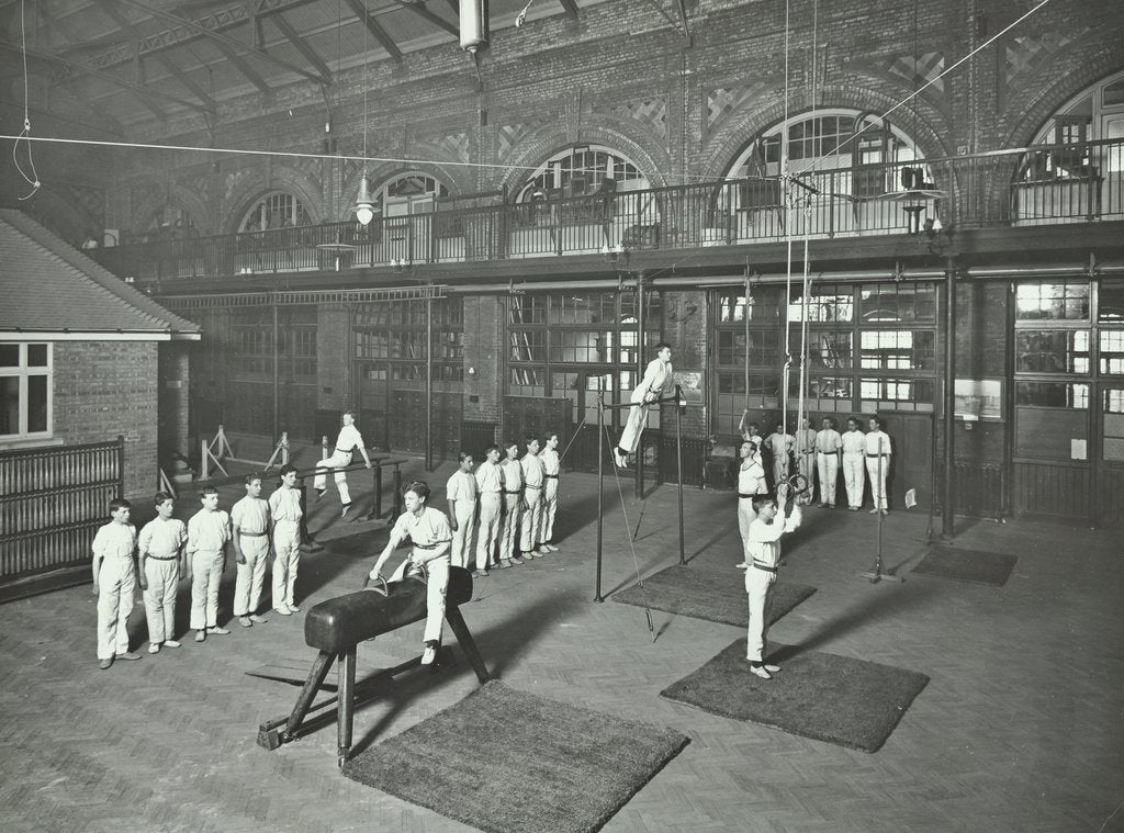 Detail of Gymnastics by male students, School of Building, Brixton, London, 1914 by Unknown