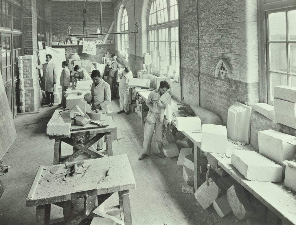 Detail of Masonry students, School of Building, Brixton, London, 1911 by Unknown