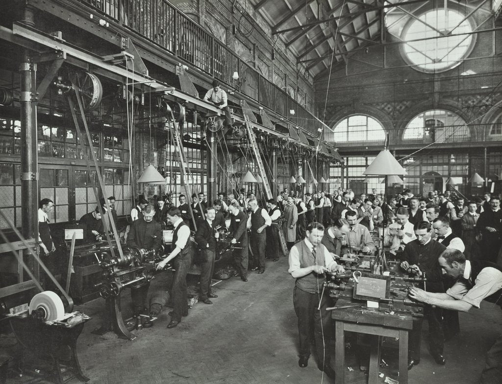 Detail of Male munitions workers in Engineering Shop, School of Building, Brixton, London, 1915 by Unknown