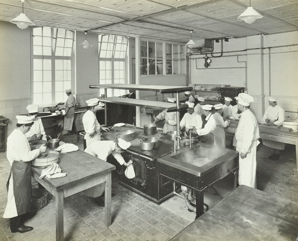 Detail of Male cookery students at work in the kitchen, Westminster Technical Institute, London, 1910 by Unknown