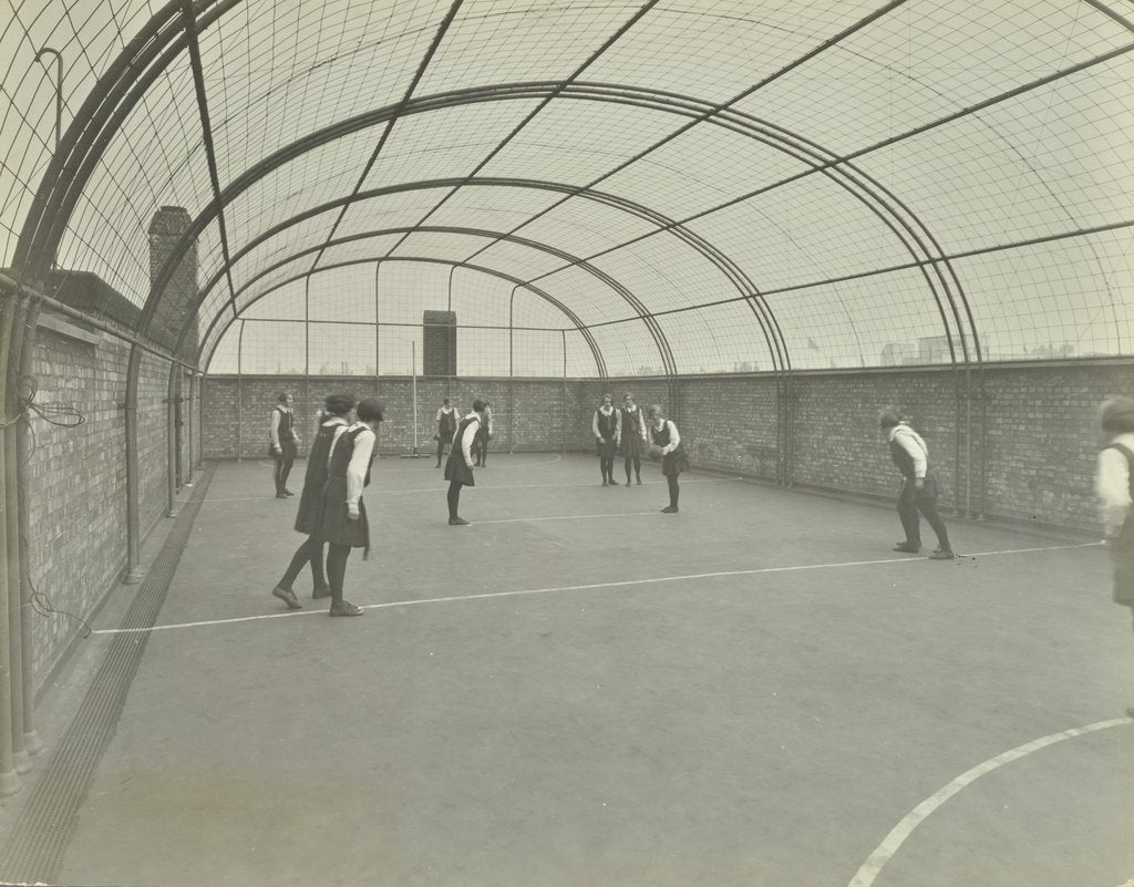 Detail of Girls playing netball on a roof playground, Barrett Street Trade School, London, 1927 by Unknown