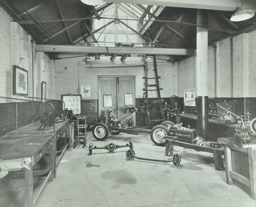 Detail of Motor car engine laboratory, Borough Polytechnic, Southwark, London, 1936 by Unknown