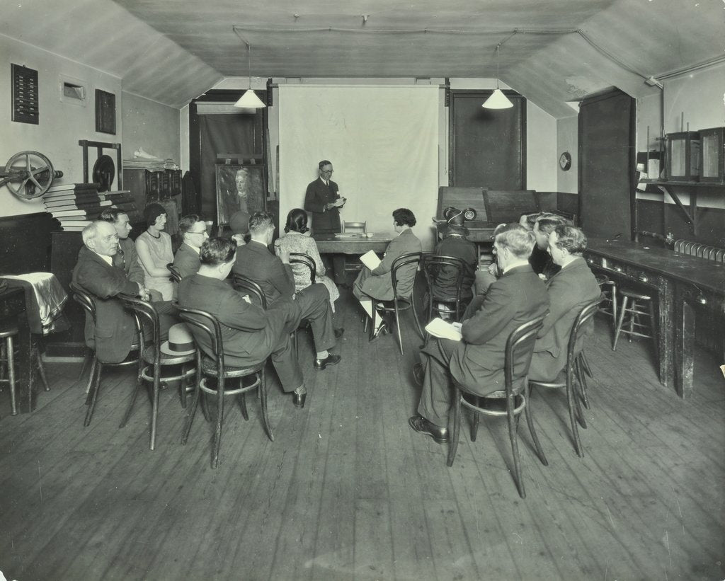 Detail of Class of adults studying antiques, Brixton Commercial Evening Institute, London, 1930 by Unknown