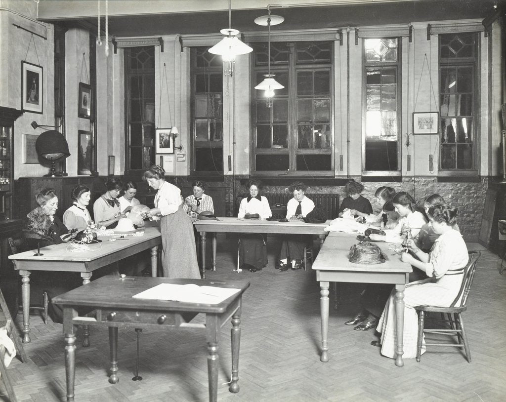 Detail of Millinery class, Ackmar Road Evening Institute for Women, London, 1914 by Unknown