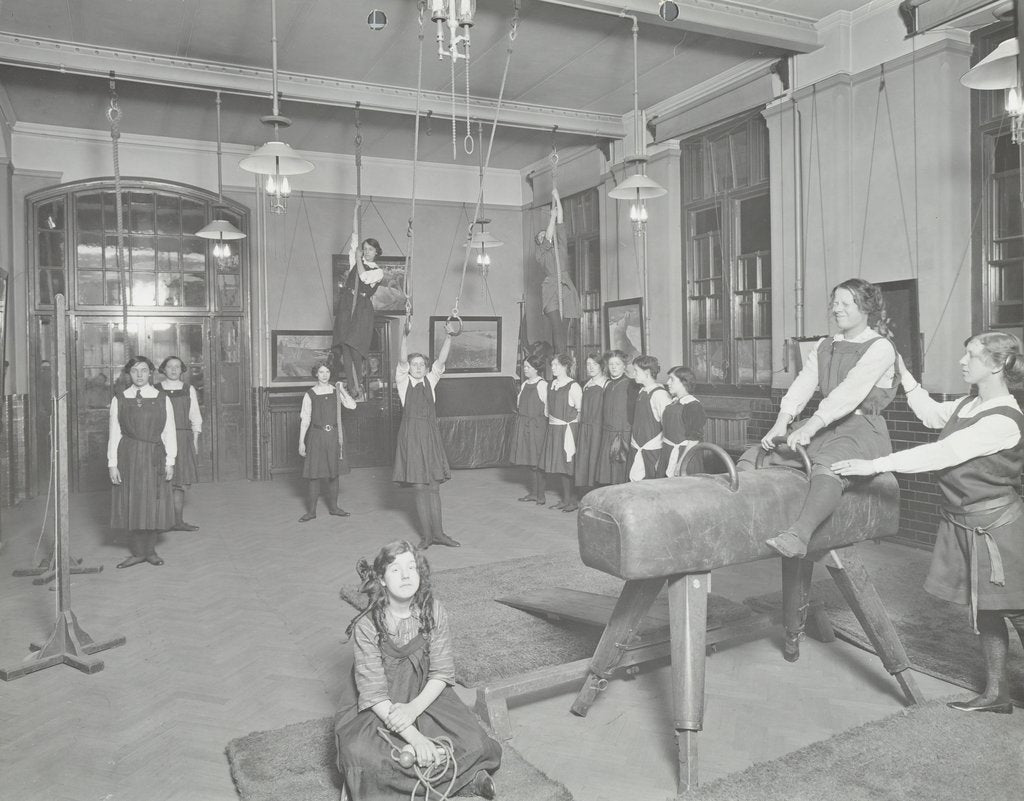 Detail of Gymnastics lesson, Laxon Street Evening Institute for Women, London, 1914 by Unknown