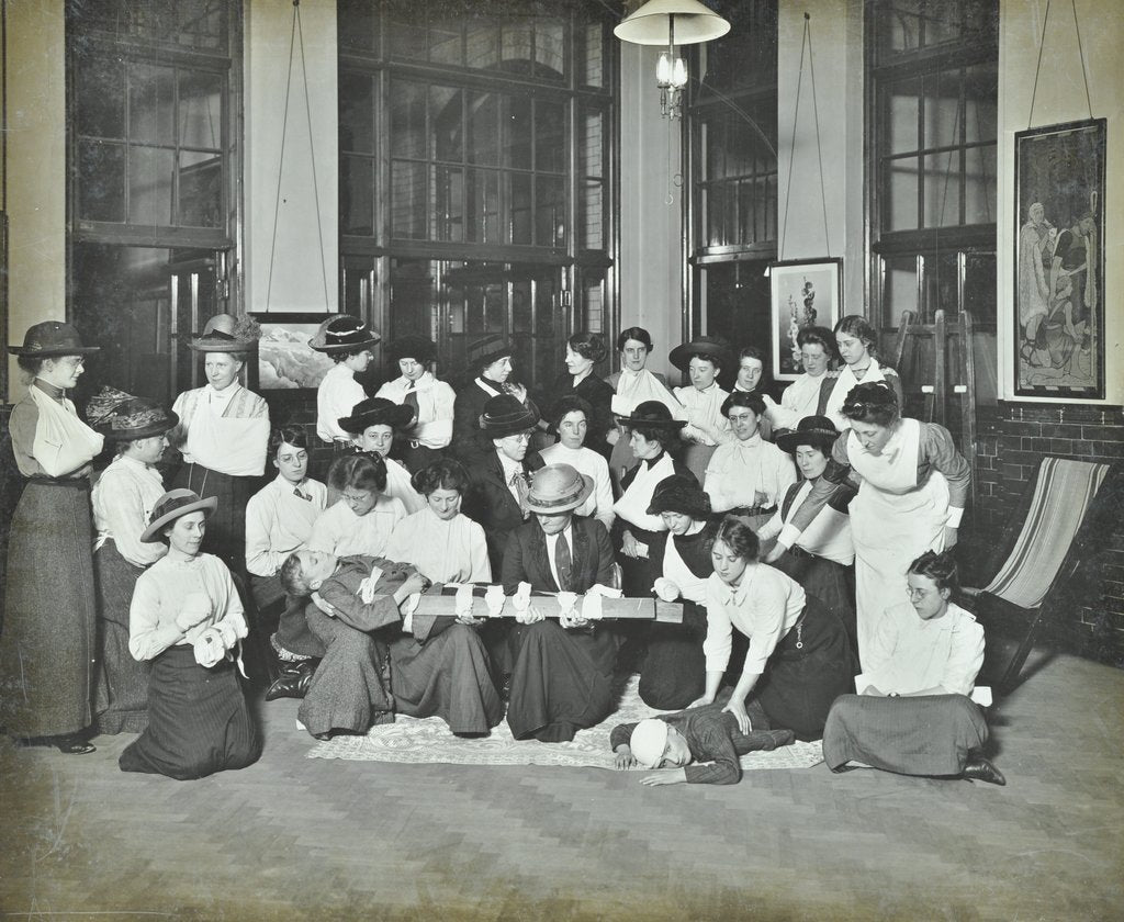 Detail of First aid class for women, Montem Street Evening Institute, London, 1913 by Unknown