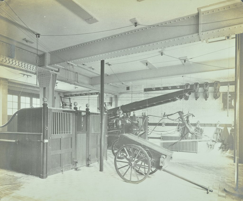 Detail of Interior of appliance room, Northcote Road Fire Station, Battersea, London, 1906 by Unknown