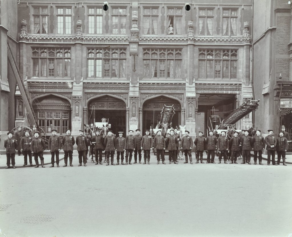 Detail of Firemen lined up outside Bishopsgate Fire Station, Bishopsgate, City of London, 1908 by Unknown