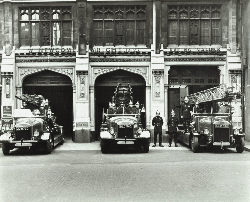 Detail of Firemen outside Bishopsgate Fire Station, Bishopsgate, City of London, 1908 by Unknown