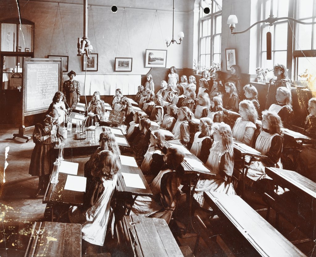 Detail of Science class, Albion Street Girls School, Rotherhithe, London, 1908 by Unknown