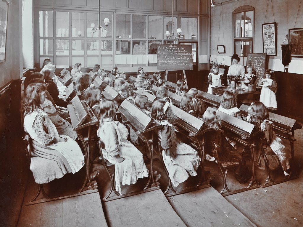 Detail of Chemistry lesson, Albion Street Girls School, Rotherhithe, London, 1908 by Unknown