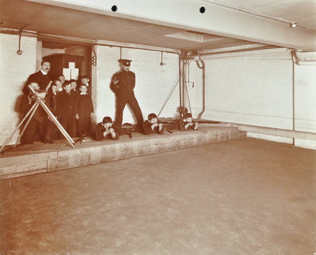 Detail of Rifle shooting lesson, Jews' Free School, Stepney, London, 1908 by Unknown