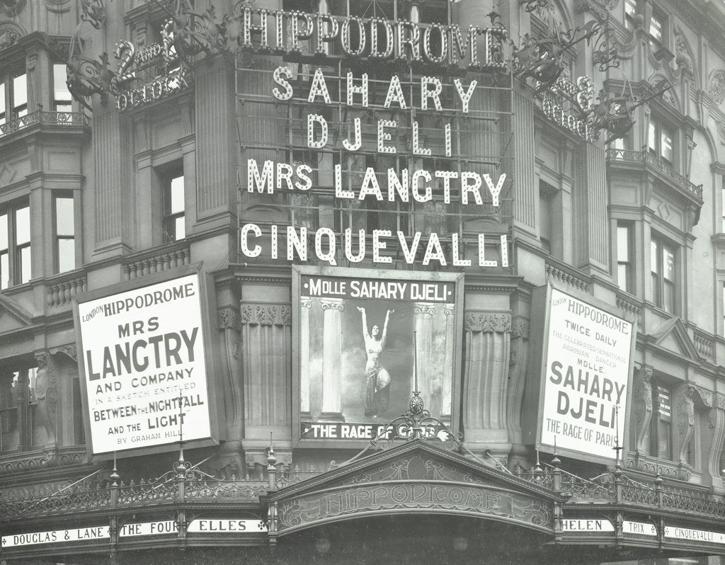 Detail of Illuminated advertisements on the front of The Hippodrome, Charing Cross Road, London, 1911 by Unknown