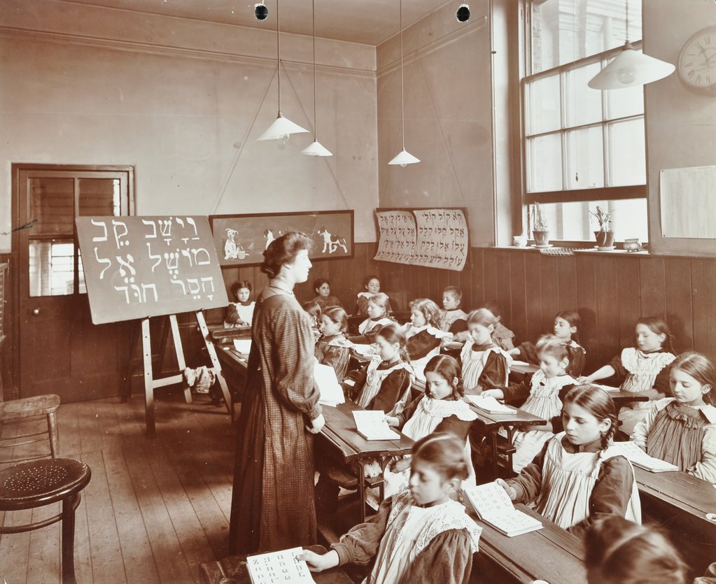 Detail of Girls' Hebrew reading lesson, Jews' Free School, Stepney, London, 1908 by Unknown