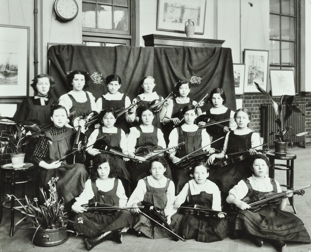 Detail of Violinists, Myrdle Street Girls School, Stepney, London, 1908 by Unknown