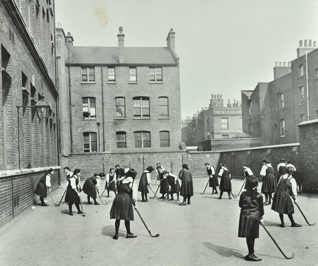 Detail of Hockey game, Myrdle Street Girls School, Stepney, London, 1908 by Unknown