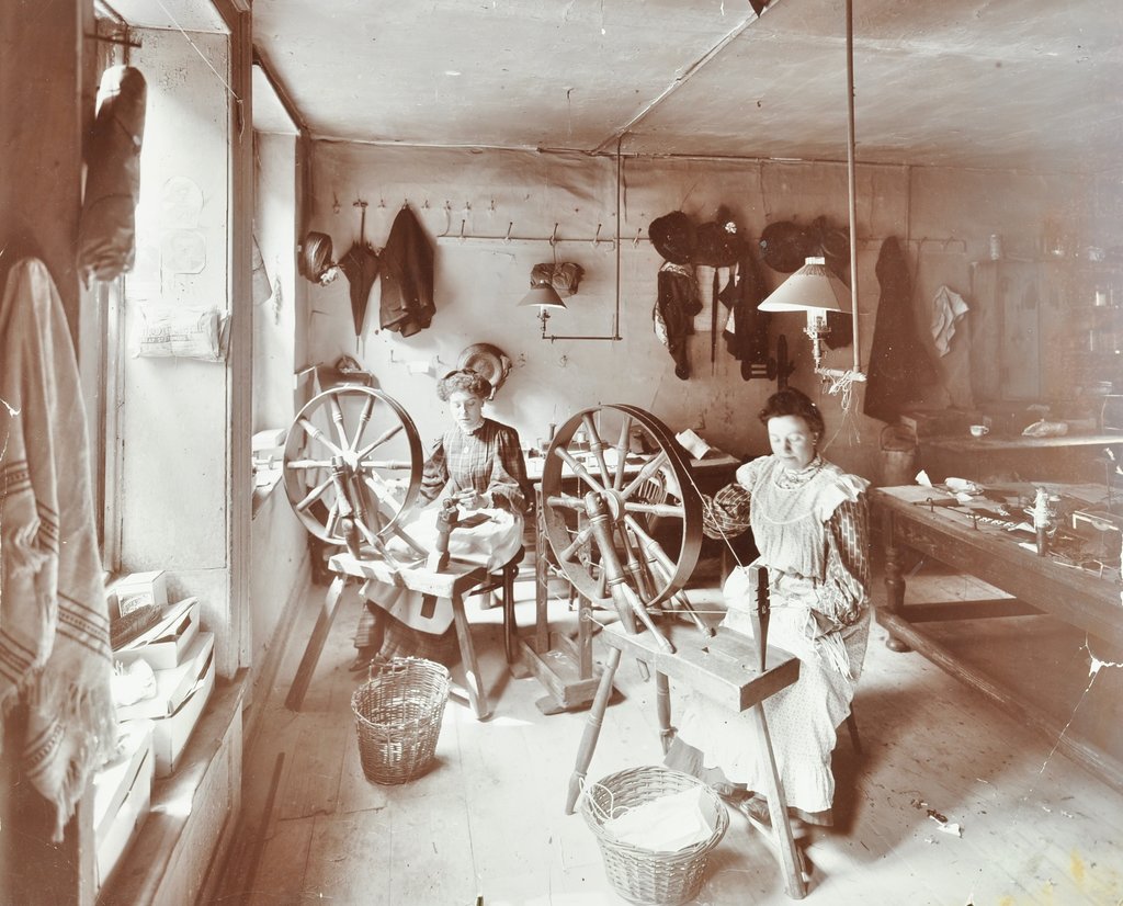 Detail of Women using spinning wheels, Bethnal Green, London, 1908 by Unknown