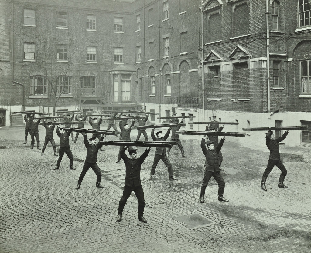 Detail of Firemen carrying out scaling ladder drill, London Fire Brigade Headquarters, 1910 by Unknown