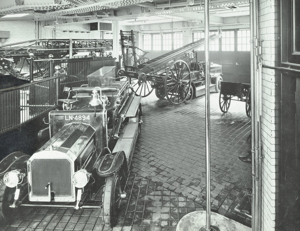 Detail of Fire engines and equipment at Cannon Street Fire Station, City of London, 1913 by Unknown