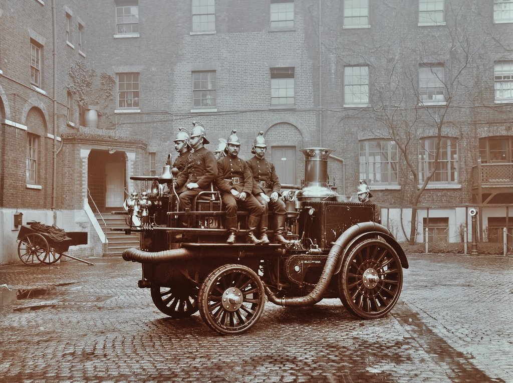 Detail of Firemen aboard a motor steamer, London Fire Brigade Headquarters, London, 1909 by Unknown