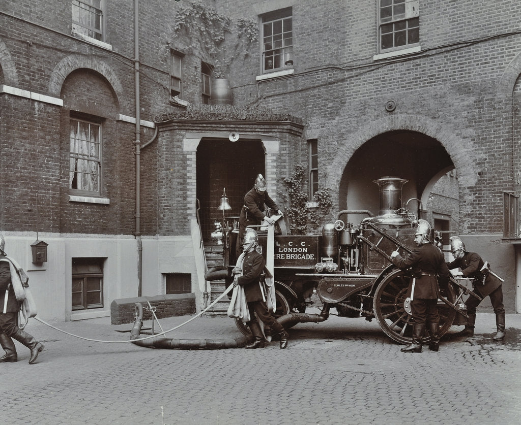 Detail of Firemen demonstrating motor steamer hoses, London Fire Brigade Headquarters, London, 1910 by Unknown