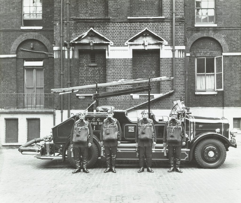 Detail of Crew in breathing apparatus, London Fire Brigade Headquarters, London, 1934 by Unknown