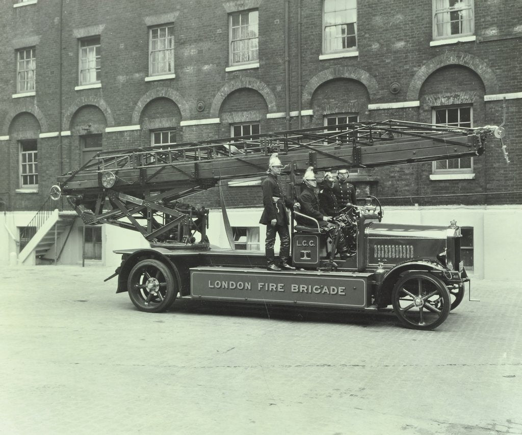 Detail of Firemen aboard a fire engine, London Fire Brigade Headquarters, London, 1929 by Unknown