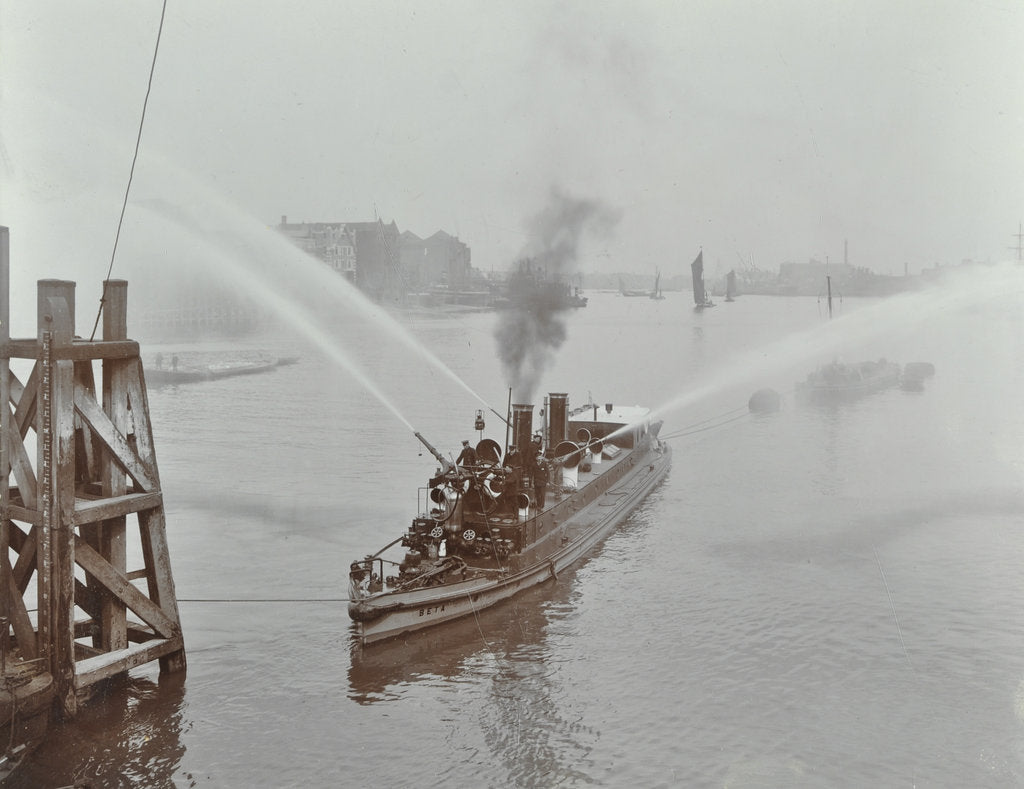 Detail of The 'Beta' fire float with hoses, River Thames, London, 1910 by Unknown